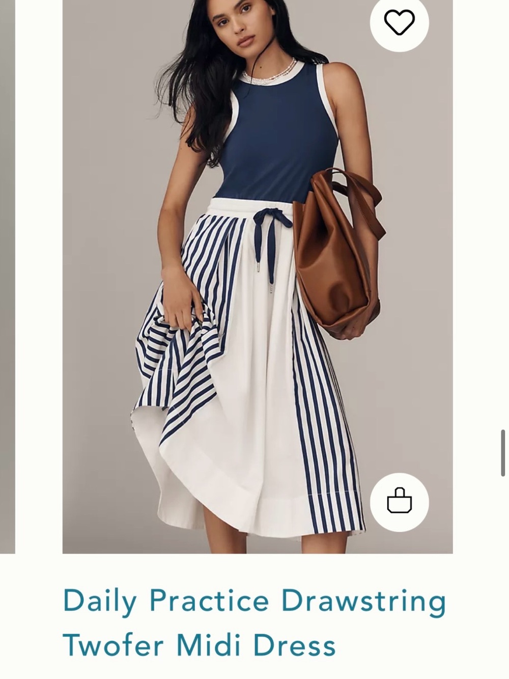 Twofer Drawstring Midi Dress in Navy & White